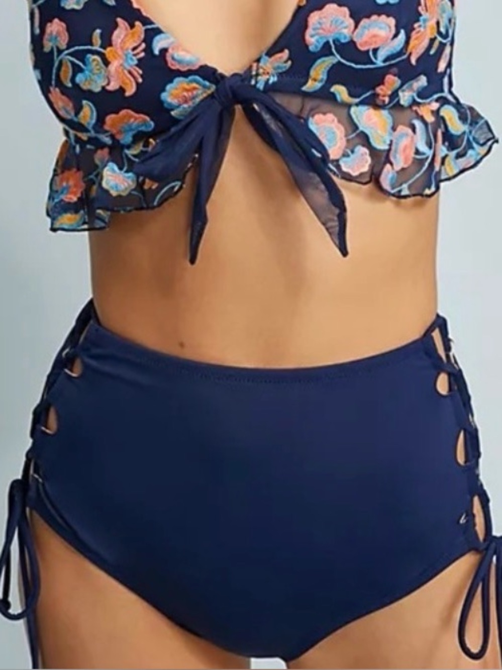 High-Waist Navy Lace-Up Bikini Bottom Adjustable